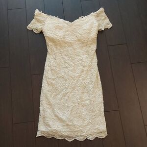 Vintage Cream Cap Sleeve Off-Shoulder Lace Mini Dress